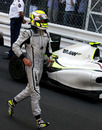 Jenson Button runs to parc ferme after winning the Monaco Grand Prix