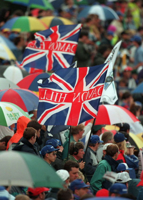 British fans cheer on local hero Damon Hill at Silverstone