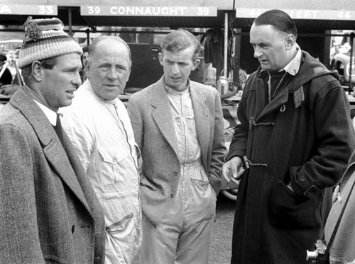 Peter Collins, Reg Parnell, Tony Brooks and Aston Martin team manager John Wyer