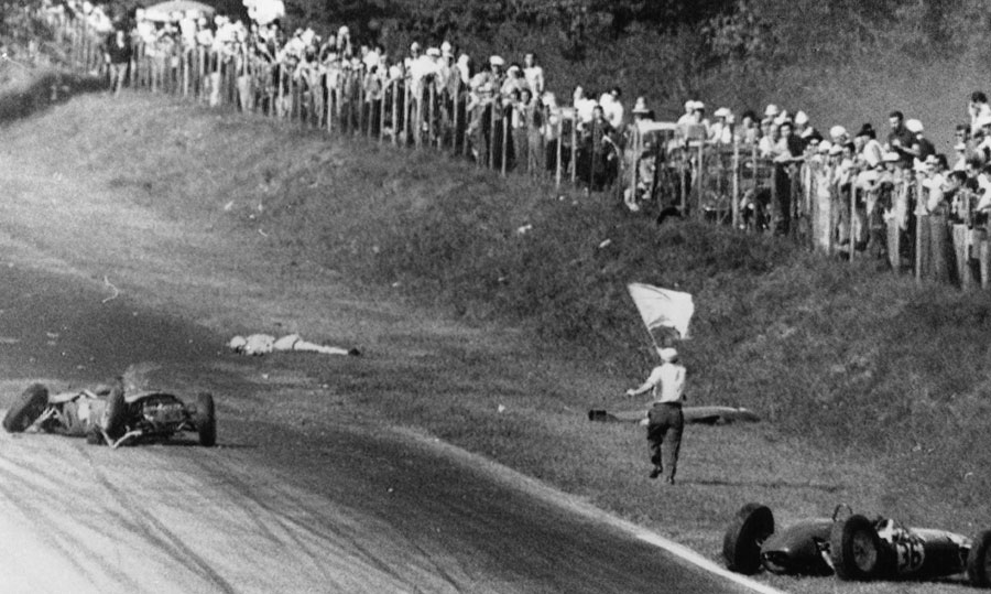 The body of Wolfgang von Trips lies on the edge of the track