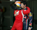 Fernando Alonso congratulates Mark Webber on taking pole
