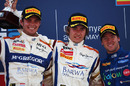 Charles Pic celebrates his win in the GP2 feature race on the podium with Giedo van der Garde and Sam Bird