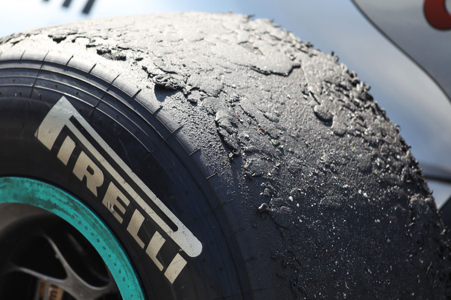 A hard tyre on the Mercedes with extensive pick-up after the race
