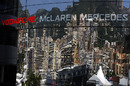The buildings of Monaco reflected in McLaren's motorhome