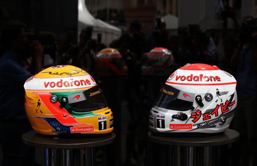 McLaren unveil the special diamond-encrusted helmet designs for Jenson Button and Lewis Hamilton