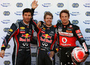Sebastian Vettel celebrates taking pole position ahead of Jenson Button and Mark Webber