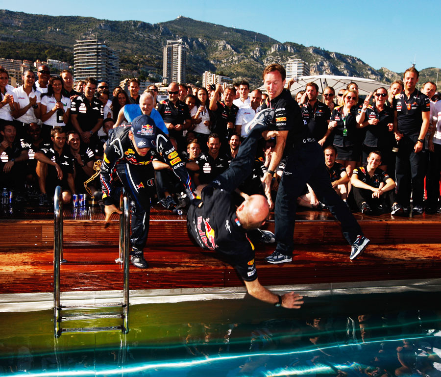 Sebastian Vettel and Christian HornerAdrian Newey into the Red Bull swimming pool