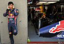 Mark Webber covers his ears from the sound of his Red Bull being fired up