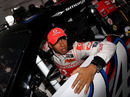 Lewis Hamilton in the cockpit of Tony Stewart's NASCAR