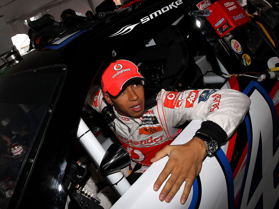Lewis Hamilton in the cockpit of Tony Stewart's NASCAR