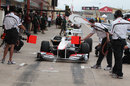 Sergio Perez aims for his pit stop marks