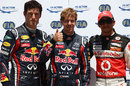 Sebastian Vettel celebrates his pole position ahead of Mark Webber and Lewis Hamilton