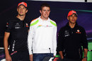 Jenson Button, Paul di Resta and Lewis Hamilton pose in the drivers' press conference