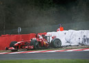 Luca Badoer's Ferrari comes to a rest after an accident during qualifying