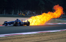 The Honda engine in Jarno Trulli's Prost blows up spectacularly