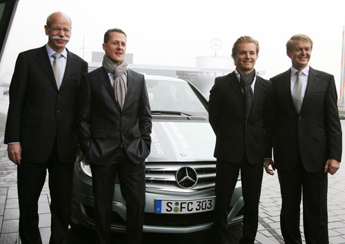 Dieter Zetsche, Michael Schumacher, Nico Rosberg and Thomas Weber outside the Mercedes museum