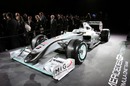 Mercedes GP shows off its new livery on the old Brawn car, the new car will appear for the first time in Valencia on February 1