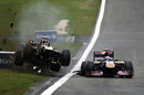 Nick Heidfeld gets airborne after running in to the back of Sebastian Buemi