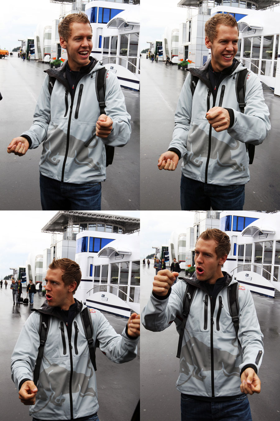 Sebastian Vettel jokes about the handling of the Top Gear car in the paddock on Thursday morning