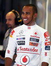 Lewis Hamilton looks relaxed in the McLaren garage before practice