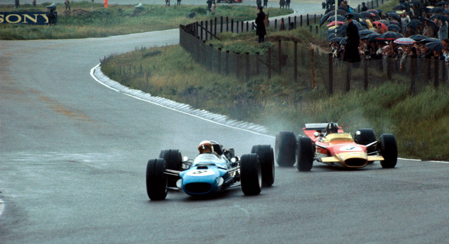 Jackie Stewart leads Graham Hill on his way to winning the Dutch Grand Prix