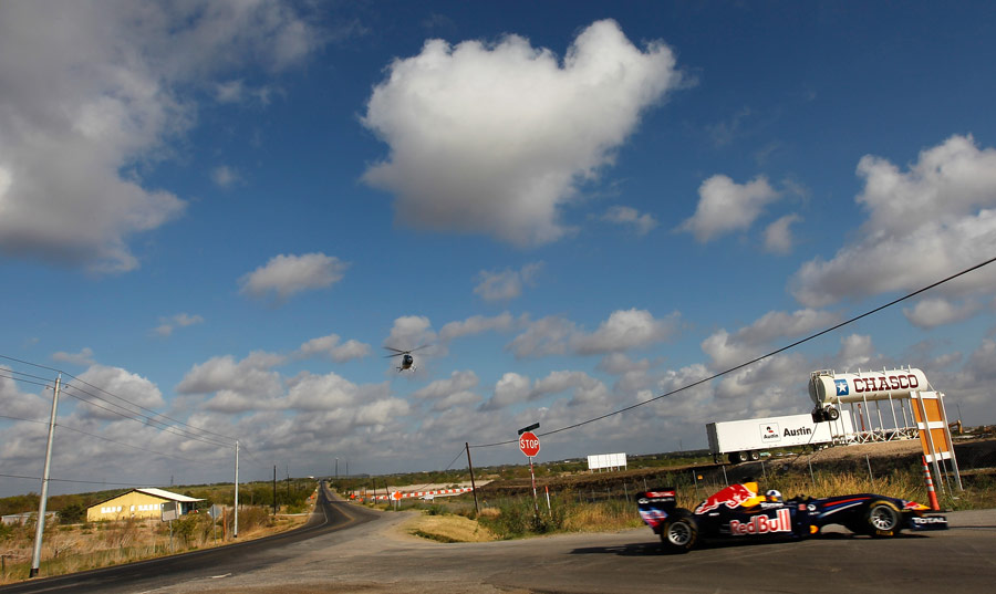 David Coulthard puts the Red Bull show car through its paces in front of Circuit of the Americas race track 