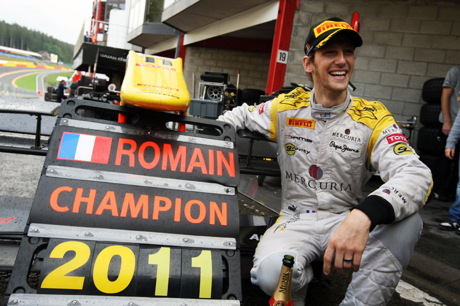 Romain Grosjean  celebrates his GP2 title win