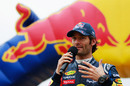 Mark Webber talks to the Cardiff crowd at the Red Bull Speed Jam event