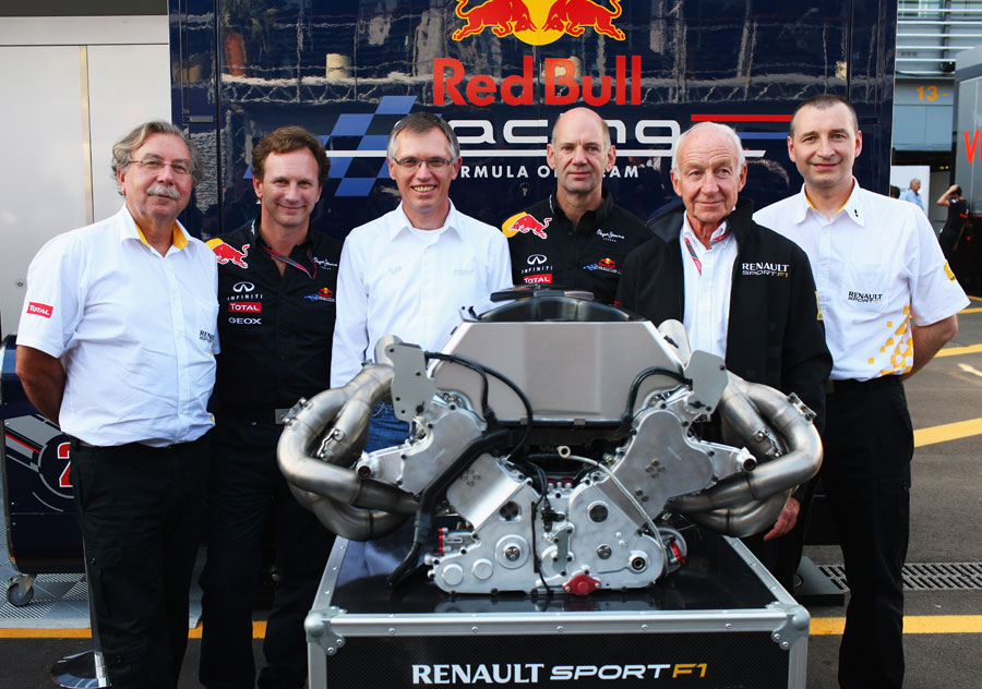 Jean Francois Caubet, Christian Horner, Carlos Tavares, Adrian Newey, Bernard Rey and Rob White at the announcement of the new deal between Red Bull and Renault