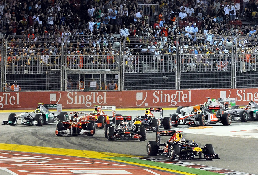 Sebastian Vettel leads away at the start of the race