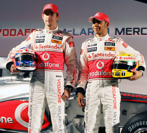 Jenson Button and Lewis Hamilton at the MP4-25 launch