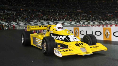Rene Arnoux demonstrates the 1977 Renault RS01 turbocharged F1 car