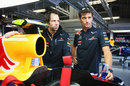 Mark Webber and Ciaron Pilbeam in the Red Bull garage