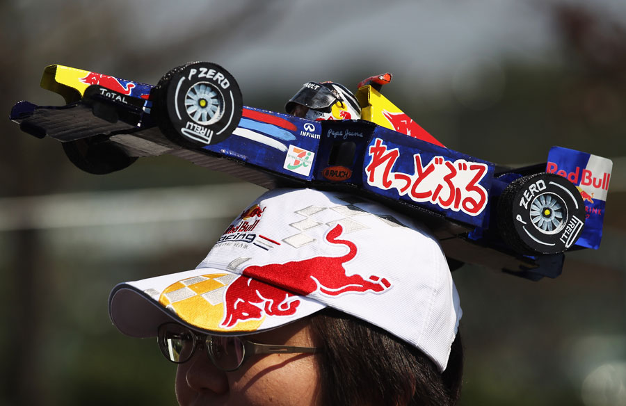 A Sebastian Vettel fan with a home-made hat