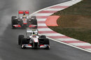 Lewis Hamilton closes on Sergio Perez through the final corner