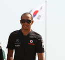 Lewis Hamilton arrives at the circuit ahead of the race