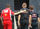 Stefano Domenicali, Martin Whitmarsh and Christian Horner head in to Bernie Ecclestone's motorhome