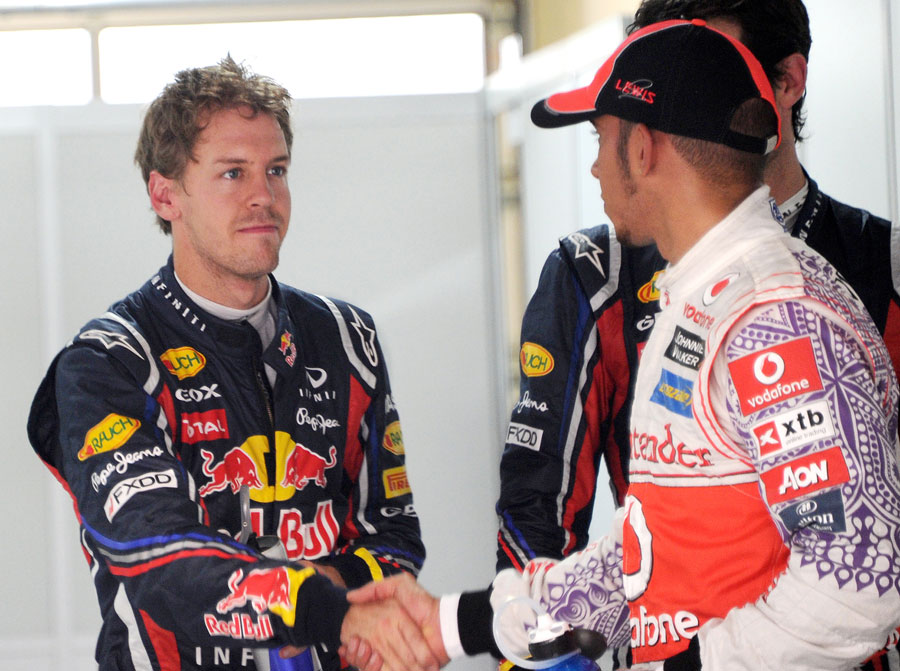 Lewis Hamilton congratulates Sebastian Vettel