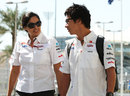 Kamui Kobayashi chats to Monisha Kaltenborn as he arrives at the circuit on Saturday