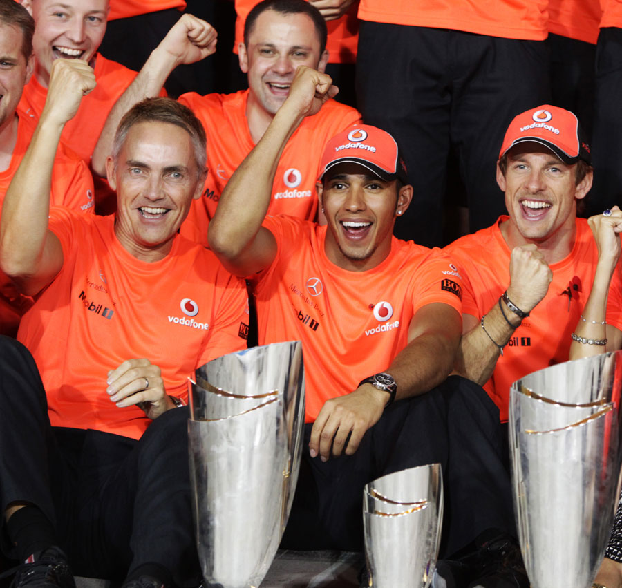 Martin Whitmarsh, Lewis Hamilton and Jenson Button celebrate McLaren's 1-3 result