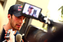 Jean-Eric Vergne speaks to the media after topping the times on day one