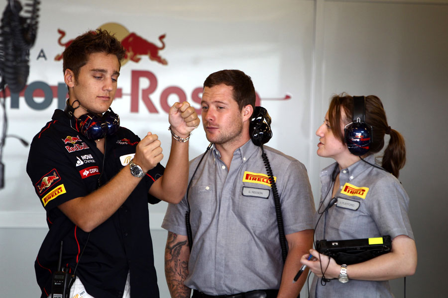 Stefano Coletti gives some feedback to Pirelli engineers