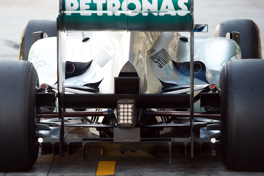 Mercedes upper-exiting exhaust layout on the W02
