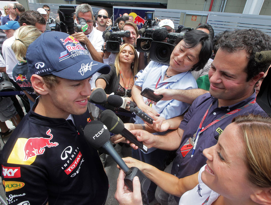 Sebastian Vettel talks to the media on Thursday