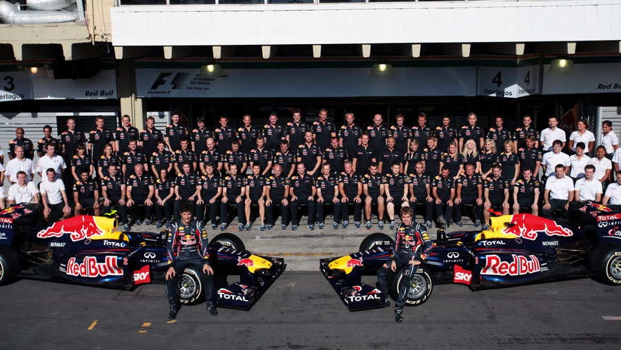 The Red Bull team poses for an end of season photo