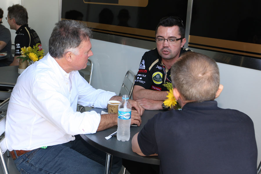 Eric Boullier chats to Dave Ryan in Renault hospitality