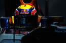 Mark Webber comes through the shadows in his Red Bull