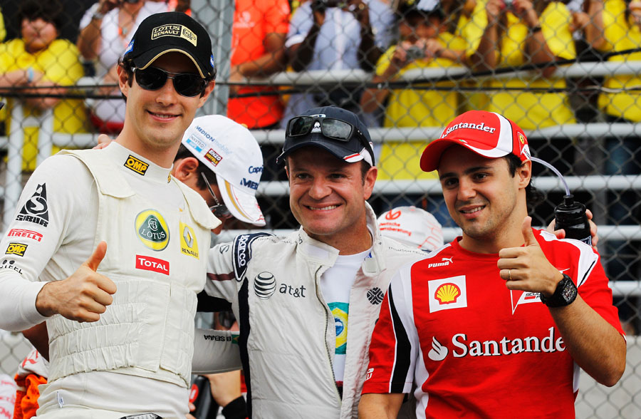 Brazilian drivers Bruno Senna, Rubens Barrichello and Felipe Massa on the drivers' parade