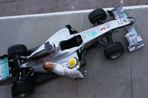An overhead shot of Nico Rosberg with the new Mercedes