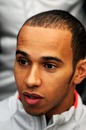 Lewis Hamilton faces questions from the media after his first test day